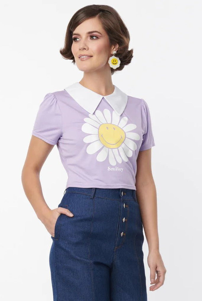 Shop Unique Vintage Unique Vintage x Smiley® Purple Flower Tee Top Top for women – premium loungewear and festival fashion at Spoiled Brat