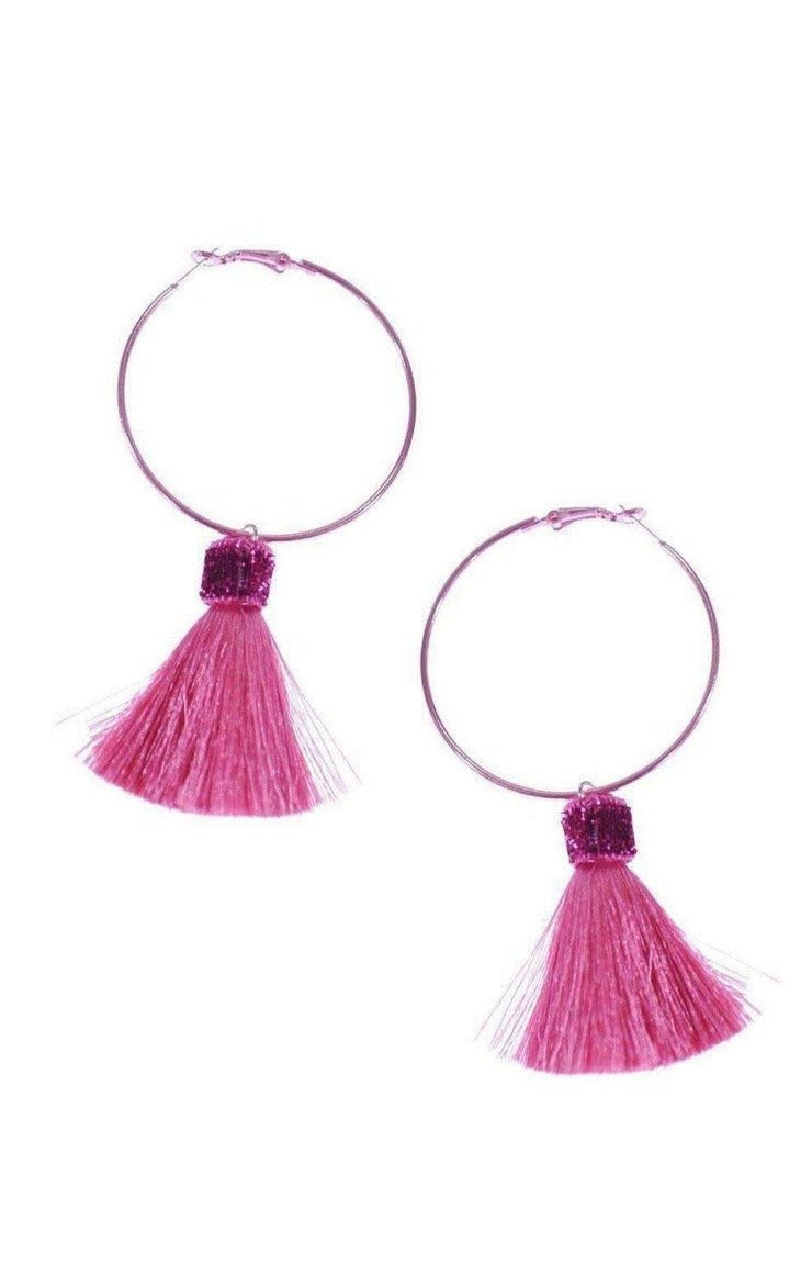 Shop Suzywan DELUXE Suzywan DELUXE Fuchsia Tassel Hoop Earrings Earrings for women – premium loungewear and festival fashion at Spoiled Brat