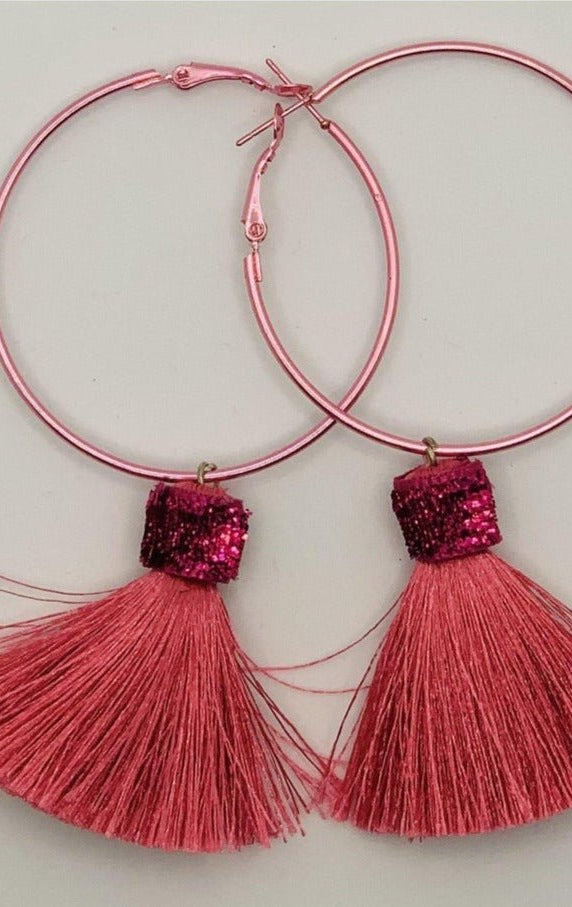 Shop Suzywan DELUXE Suzywan DELUXE Fuchsia Tassel Hoop Earrings Earrings for women – premium loungewear and festival fashion at Spoiled Brat