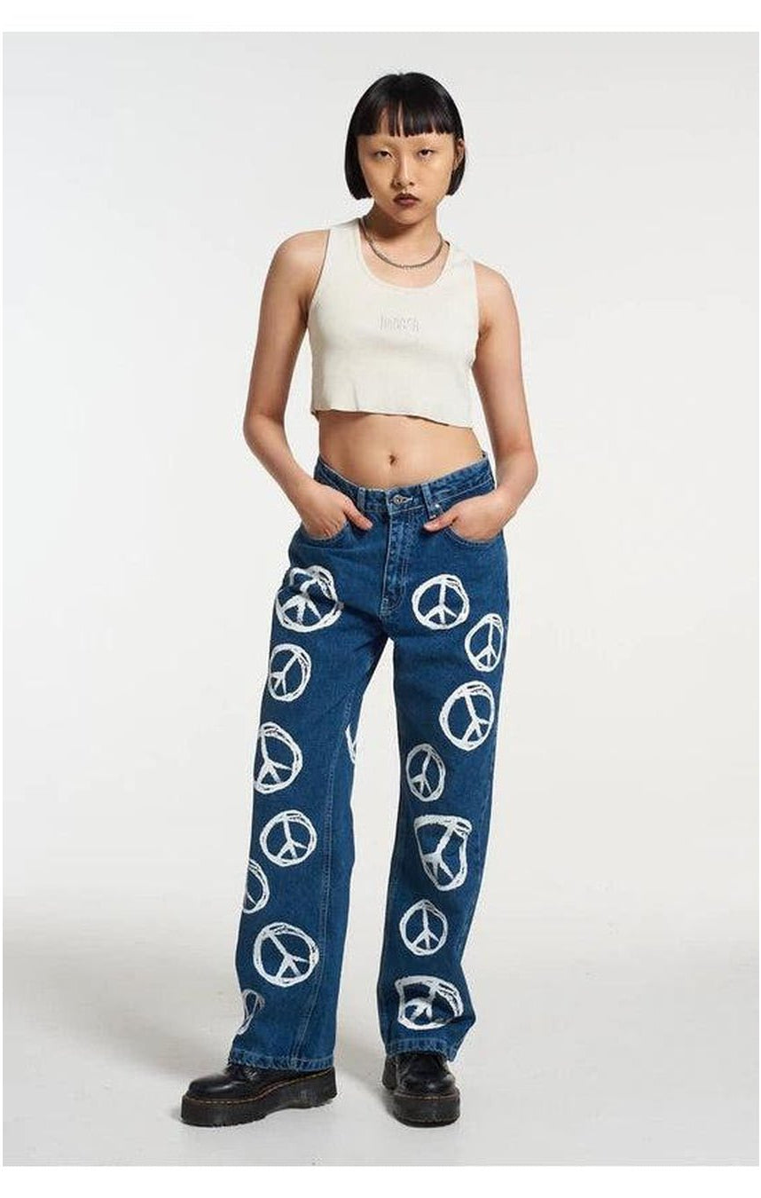Shop The Ragged Priest The Ragged Priest Peace Printed Dad Jeans as seen on Chloe Sims Boyfriend Jeans for women – premium loungewear and festival fashion at Spoiled Brat