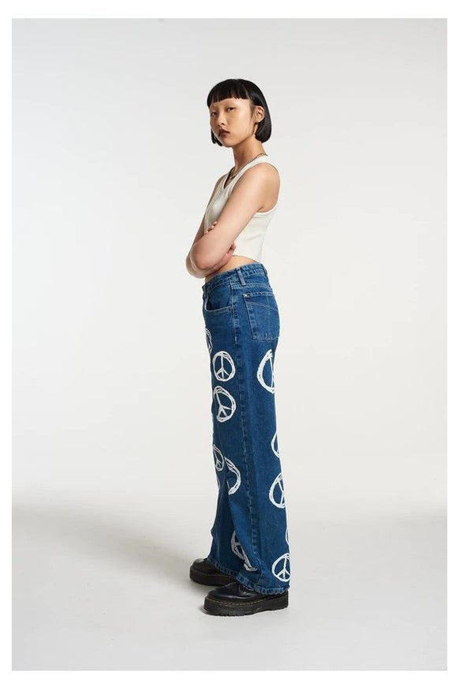 Shop The Ragged Priest The Ragged Priest Peace Printed Dad Jeans as seen on Chloe Sims Boyfriend Jeans for women – premium loungewear and festival fashion at Spoiled Brat