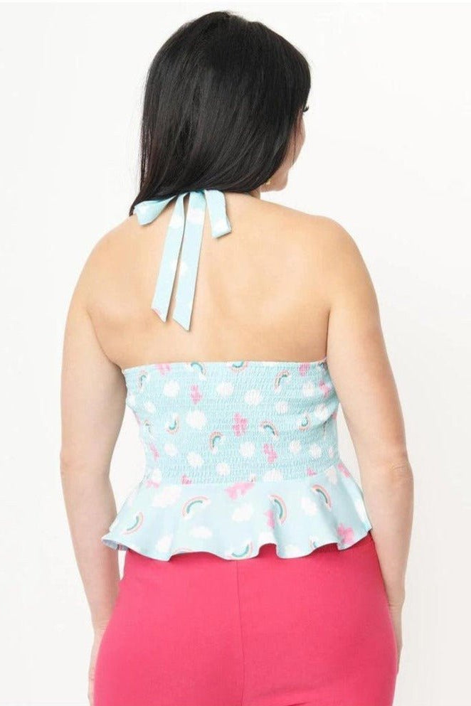 Shop Unique Vintage Unique Vintage Aqua & Rainbow Print Peplum Halter Top Top for women – premium loungewear and festival fashion at Spoiled Brat