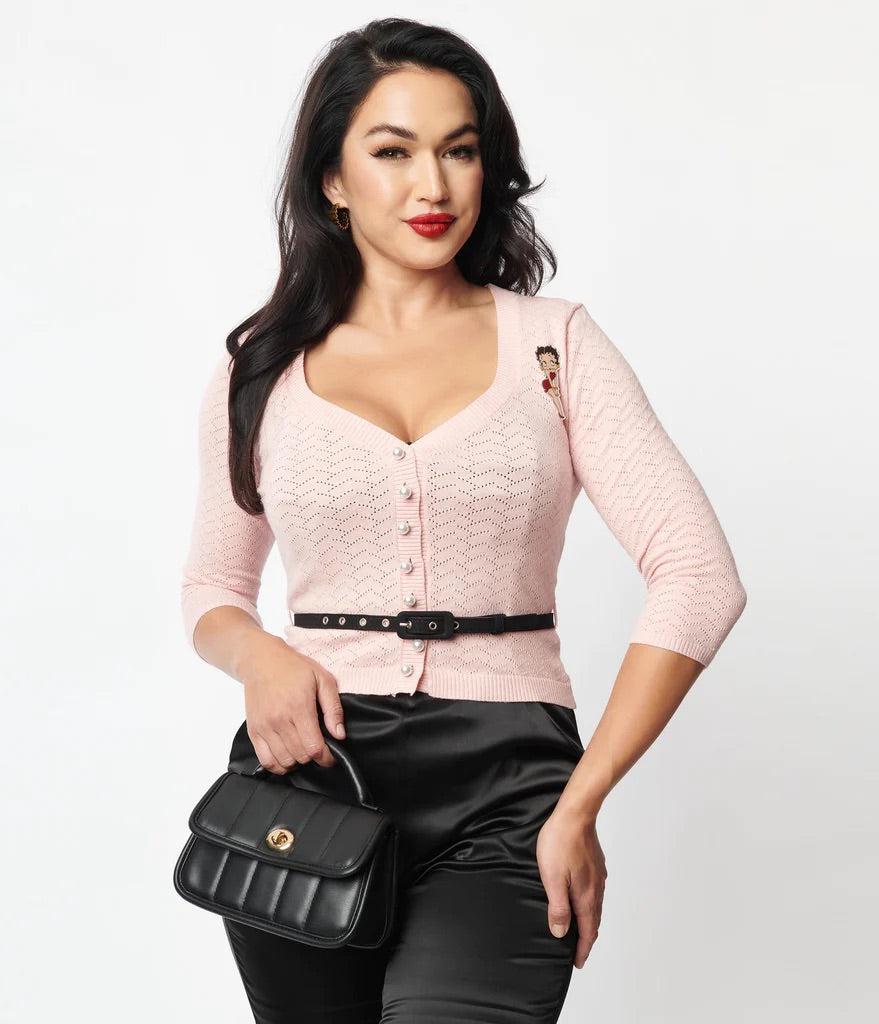 Shop Unique Vintage Unique Vintage Betty Boop x Unique Vintage Light Pink Sweetheart Cardigan Cardigan for women – premium loungewear and festival fashion at Spoiled Brat