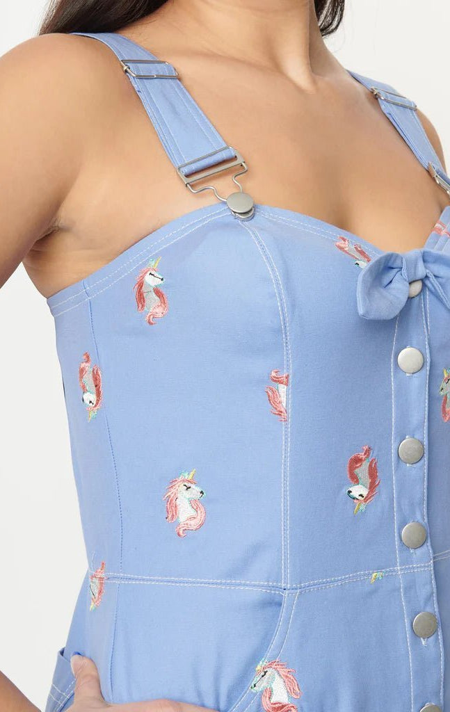 Shop Unique Vintage Unique Vintage Periwinkle Denim & Unicorn Fitted Pinafore Dress for women – premium loungewear and festival fashion at Spoiled Brat