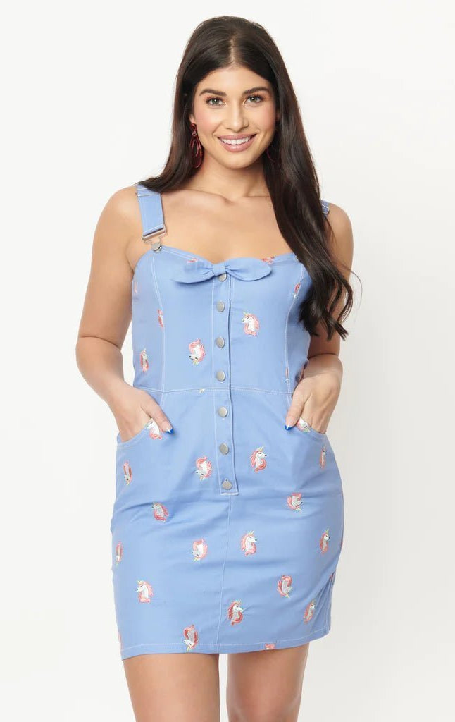 Shop Unique Vintage Unique Vintage Periwinkle Denim & Unicorn Fitted Pinafore Dress for women – premium loungewear and festival fashion at Spoiled Brat