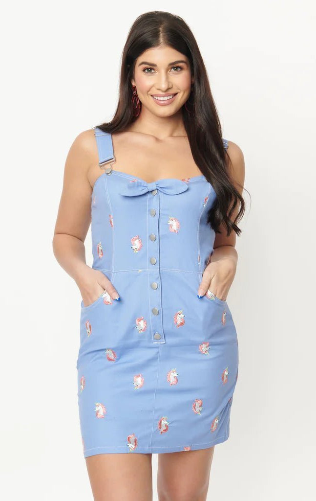 Shop Unique Vintage Unique Vintage Periwinkle Denim & Unicorn Fitted Pinafore Dress for women – premium loungewear and festival fashion at Spoiled Brat