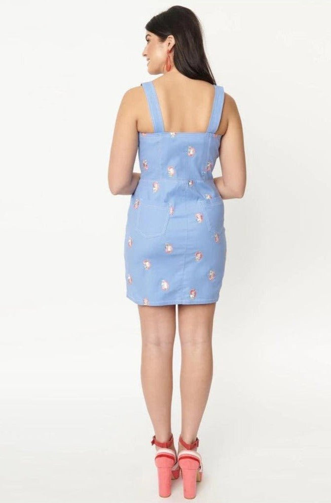 Shop Unique Vintage Unique Vintage Periwinkle Denim & Unicorn Fitted Pinafore Dress for women – premium loungewear and festival fashion at Spoiled Brat