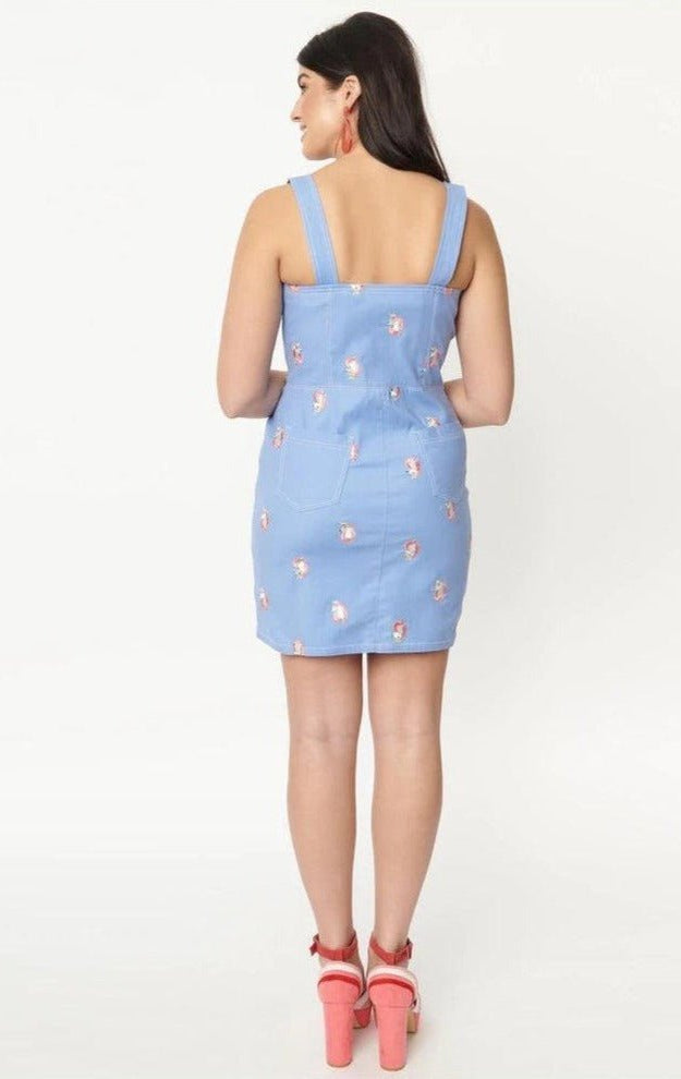 Shop Unique Vintage Unique Vintage Periwinkle Denim & Unicorn Fitted Pinafore Dress for women – premium loungewear and festival fashion at Spoiled Brat