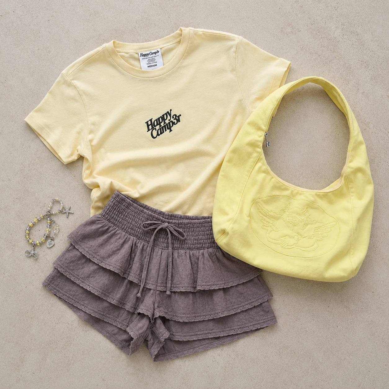Happy Camp3r Tee Outfit Ideas: Style the Happy Camp3r Tee with Daisy Street Shorts & the Boys Lie Bag