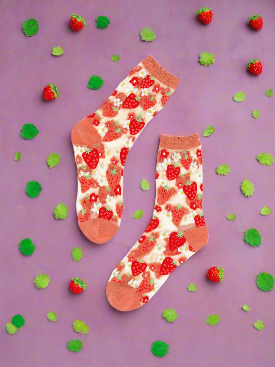 Shop Sock Candy Sock Candy Strawberry Daisy Ruffle Sheer Crew Sock as seen on Chrissy Teigen online at Spoiled Brat