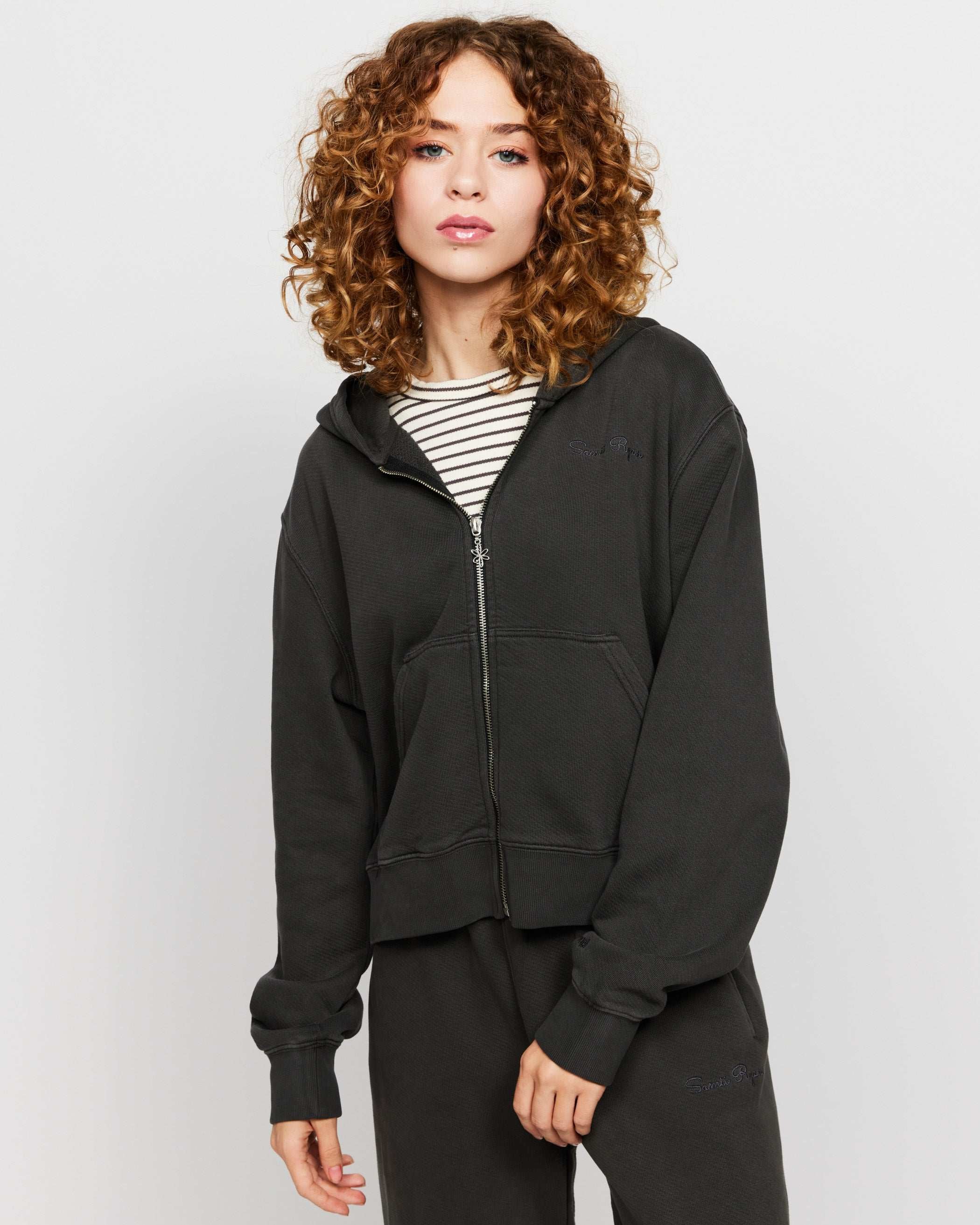 Samii Ryan Black Stone Wash Zip-Up Hoodie Hooded Sweatshirt by Samii Ryan as seen on celebrities