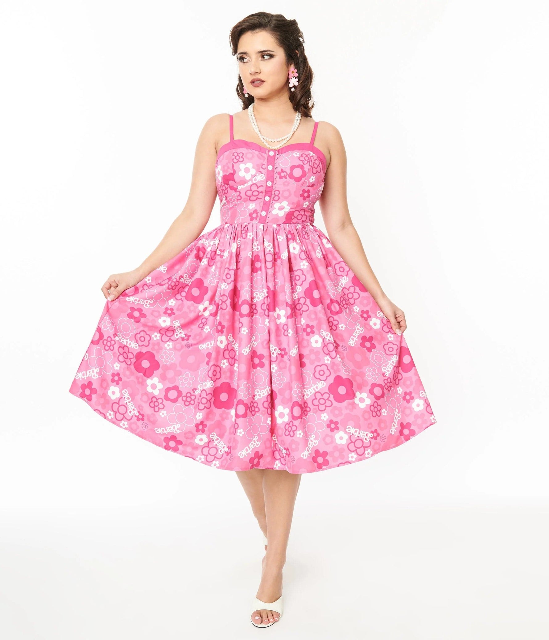 Shop Unique Vintage Barbie X Unique Vintage Pink Barbie Print Swing Dress online at Spoiled Brat