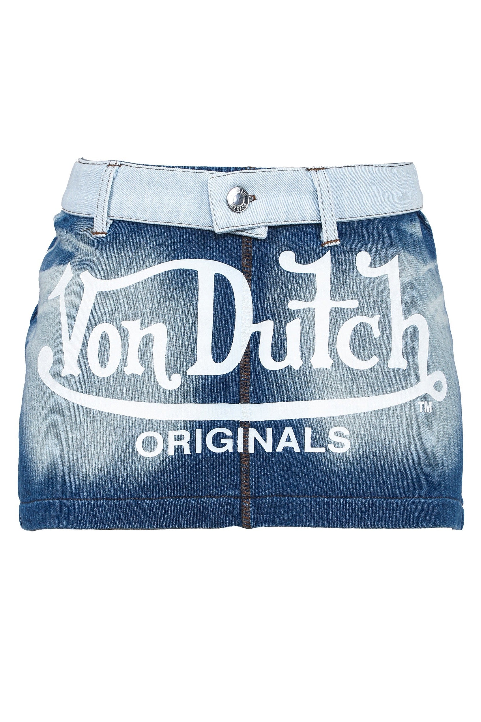 Blue denim skirt with 'Von Dutch Originals' branding on a white background