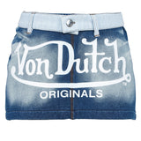 Blue denim skirt with 'Von Dutch Originals' branding on a white background