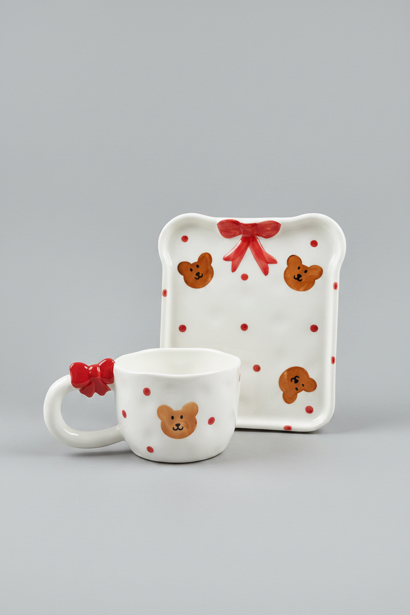 White mug and tray set with bear designs and red bows on a red background