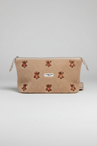 Beige pouch with teddy bear appliqués on a white background