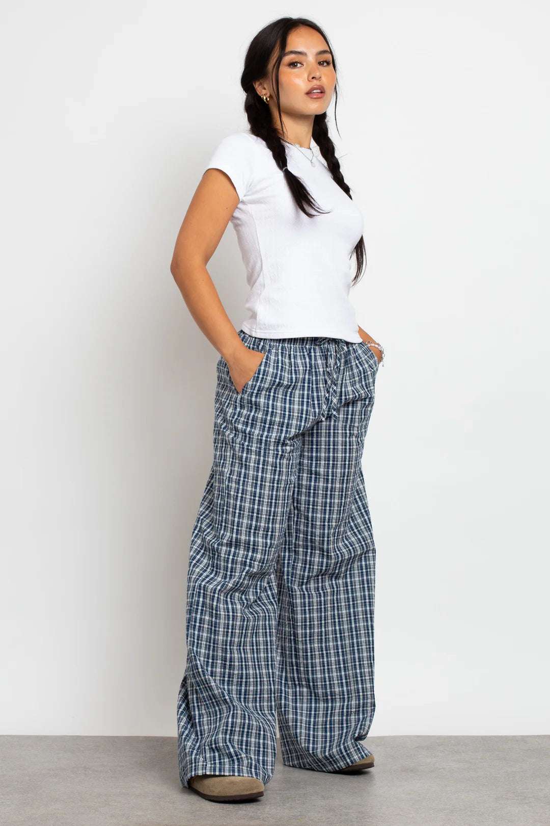 Daisy Street Check Wide Leg Trouser with Drawcord Waist Jogger Bottoms by Daisy Street as seen on celebrities