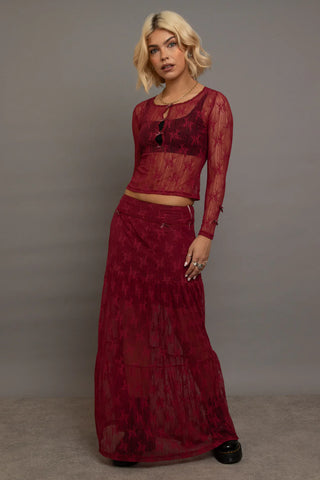 Shop Daisy Street Red Lace Maxi Skirt with Bows Online