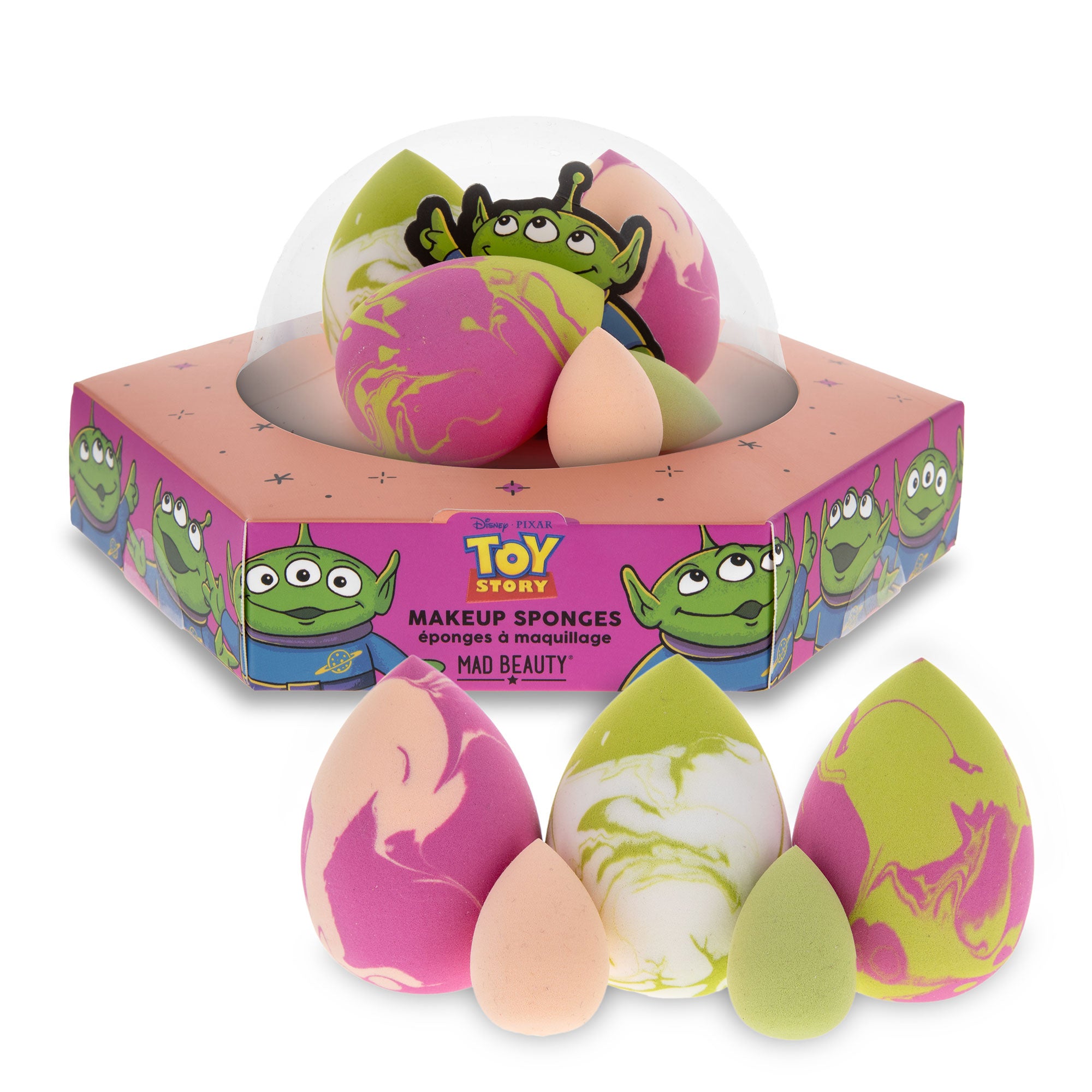 Makeup sponges with colorful designs in a 'Toy Story' themed box on a white background