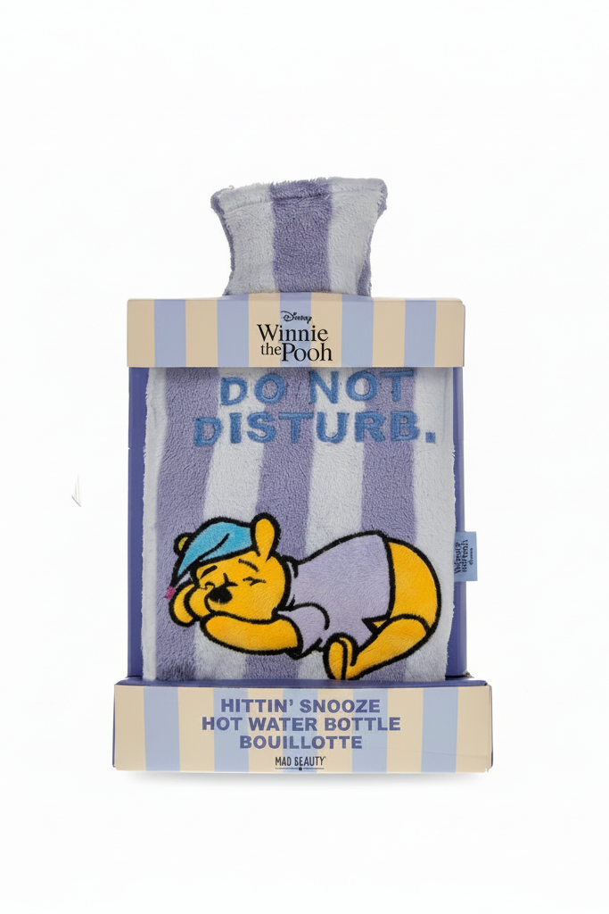 Hot water bottle with striped cover and 'Do Not Disturb' label, featuring Winnie the Pooh design.