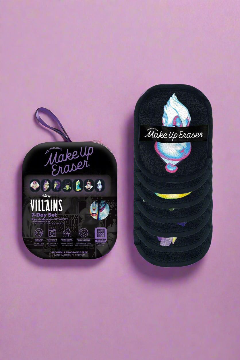 Make-up eraser with packaging featuring Disney Villains design on a white background
