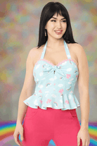 Unique Vintage Aqua & Rainbow Print Peplum Halter Top Top by Unique Vintage as seen on celebrities