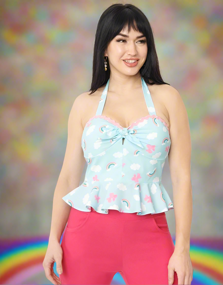 Shop Unique Vintage Unique Vintage Aqua & Rainbow Print Peplum Halter Top online at Spoiled Brat