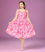 Shop Unique Vintage Barbie X Unique Vintage Pink Barbie Print Swing Dress online at Spoiled Brat