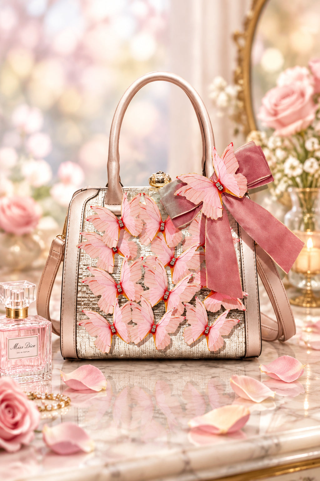 House of HC Kaleidoscope of BUTTERFLIES Scented Rose Creme Handbag
