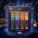 Harry Potter Hogwarts Bath Dust set in a dark purple window box with four colorful tubes of bath dust inside, shown on a white background.