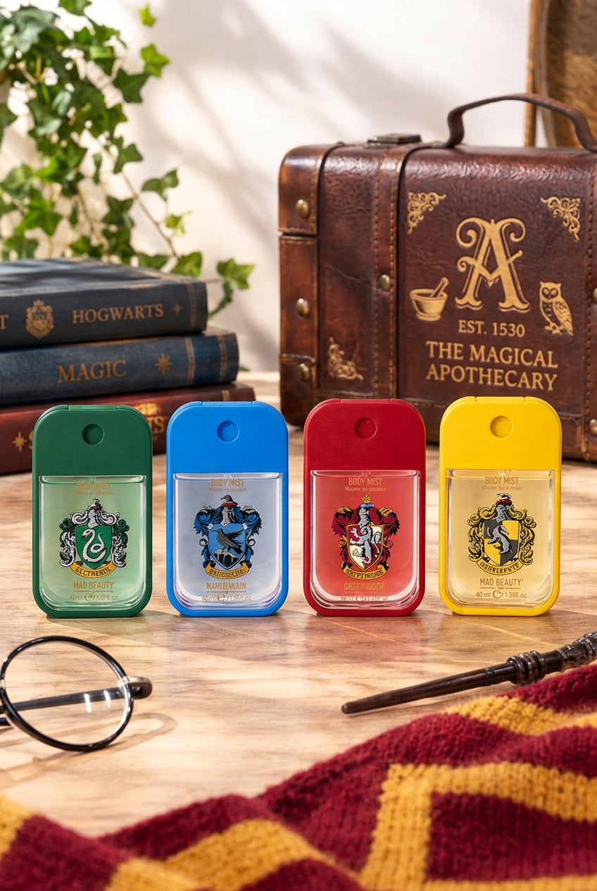 Four Harry Potter-themed hand sanitizer bottles in green, blue, red, and yellow, lined up on a wooden table with Hogwarts books, a leather trunk, glasses, and a wand in the background.