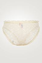 Mesh underwear with lace trim on a light gray background