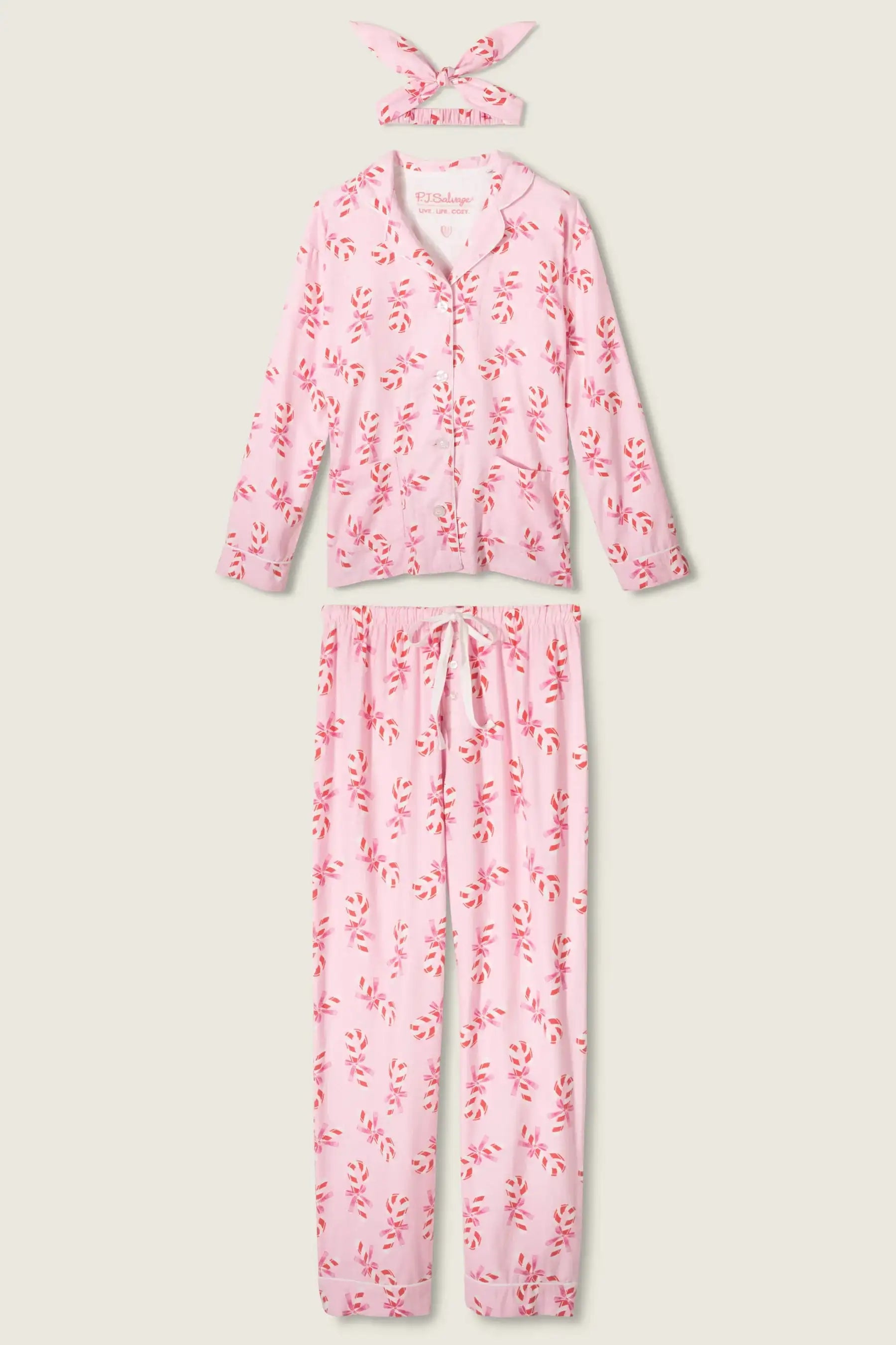 PJ Salvage Sweeter Than Sugar 3-Piece Candy Cane Print Flannel PJ Set as seen on Paris Hilton