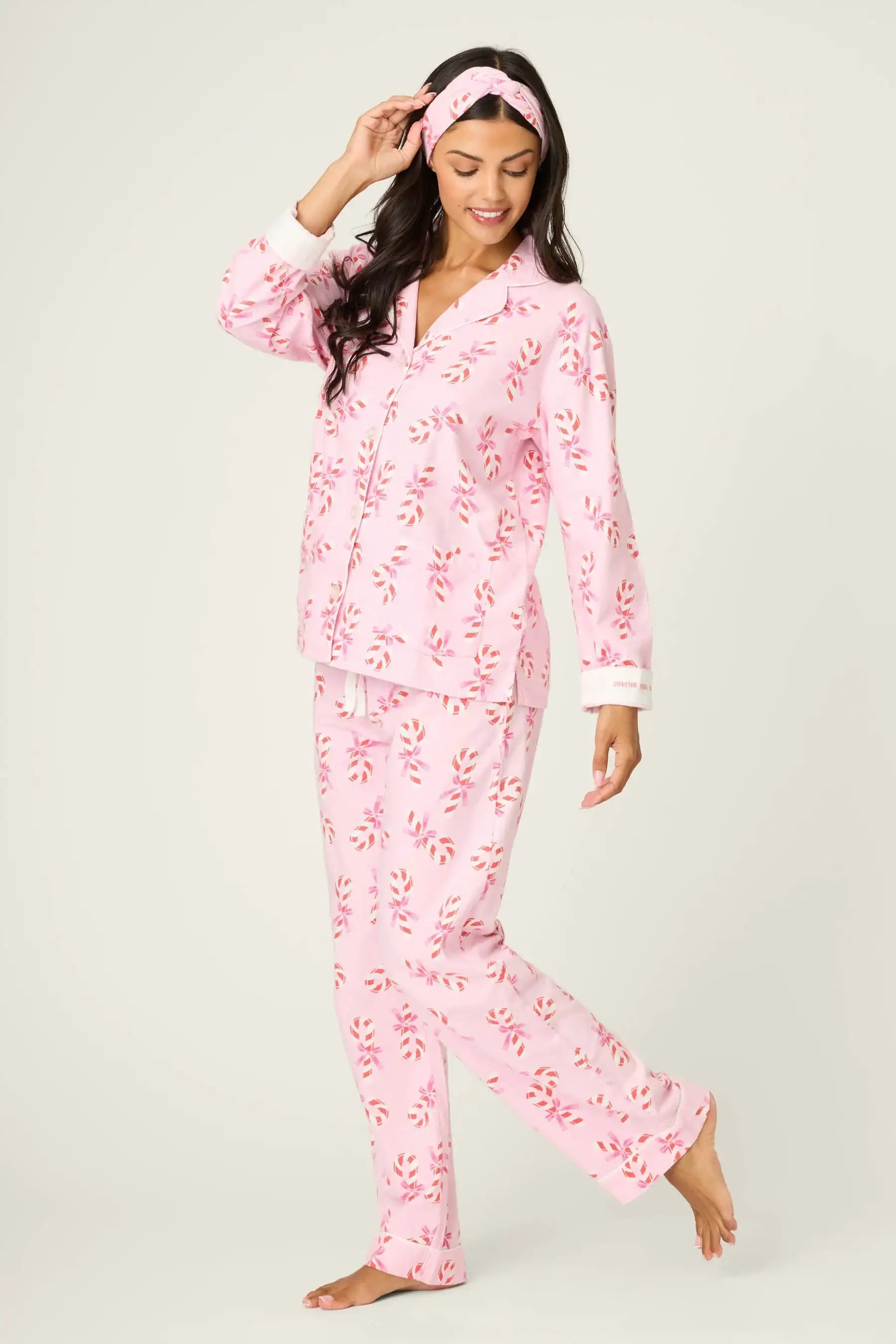 PJ Salvage Sweeter Than Sugar 3-Piece Candy Cane Print Flannel PJ Set as seen on Paris Hilton