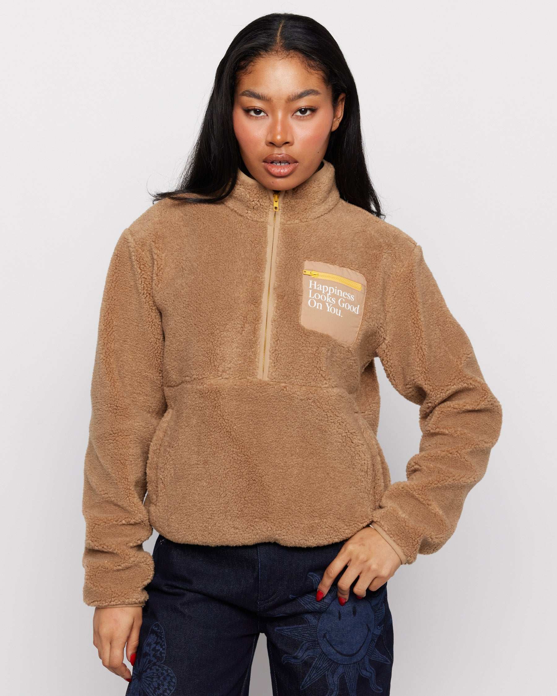 Samii Ryan Smiley® Sunshine Sherpa Jacket as seen on Sarah Jayne Dunn Jacket by Samii Ryan as seen on celebrities