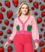 Shop Unique Vintage Smak Parlour 1960s Pink Stripes & Strawberry Pocket Cardigan online at Spoiled Brat