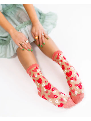 Shop Sock Candy Strawberry Daisy Ruffle Sheer Crew Sock as seen on Chrissy Teigen - Spoiled Brat  Online