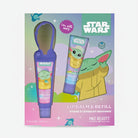 Star Wars-themed lip balm and refill set with packaging featuring Baby Yoda on a colorful background.