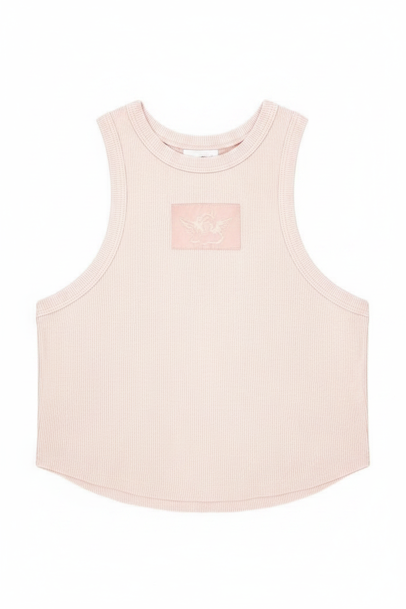 Pink boys lie sleeveless top with a small square patch on a white background
