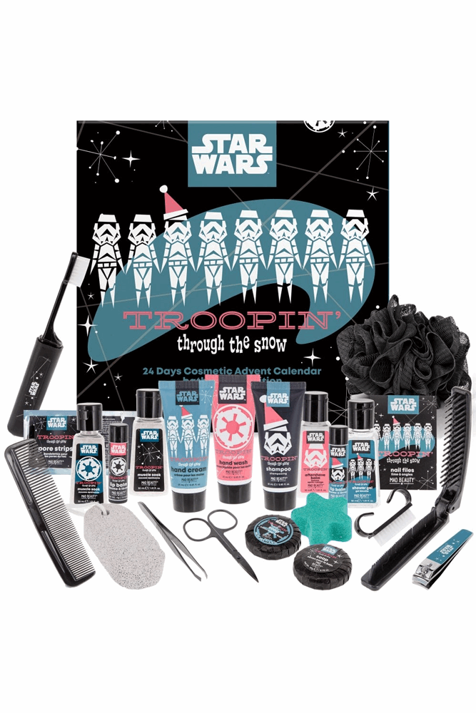 Star Wars-themed cosmetic advent calendar with grooming items on a white background