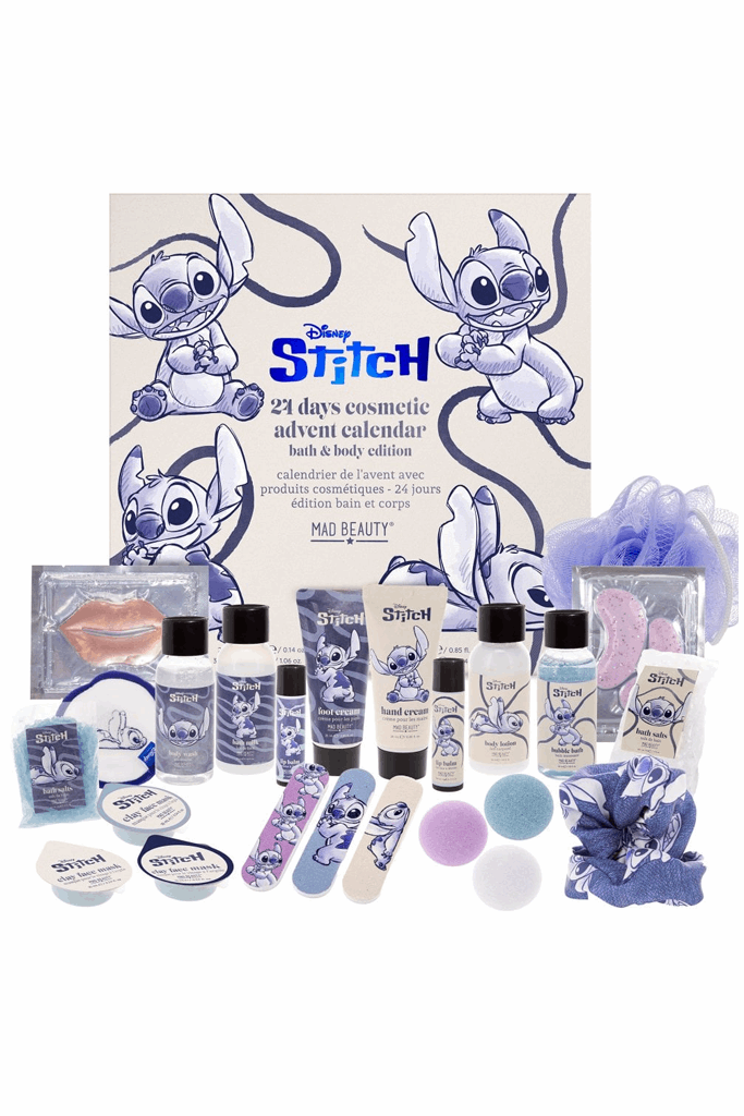 Disney Stitch advent calendar with various beauty products on a white background