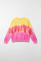 Sweatshirt with yellow, pink, and red tie-dye pattern on a light gray background