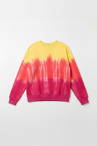 Tie-dye sweatshirt with yellow, orange, and pink gradient on a white background