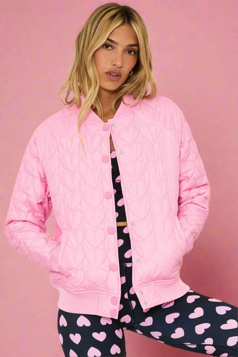 Shop Beach Riot Beach Riot Flight Jacket Prism Pink Heart Jacket for women – premium loungewear and festival fashion at Spoiled Brat