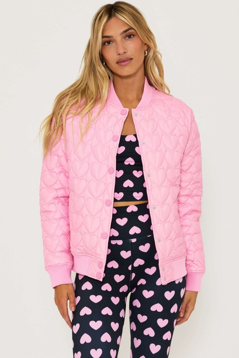 Shop Beach Riot Beach Riot Flight Jacket Prism Pink Heart Jacket for women – premium loungewear and festival fashion at Spoiled Brat