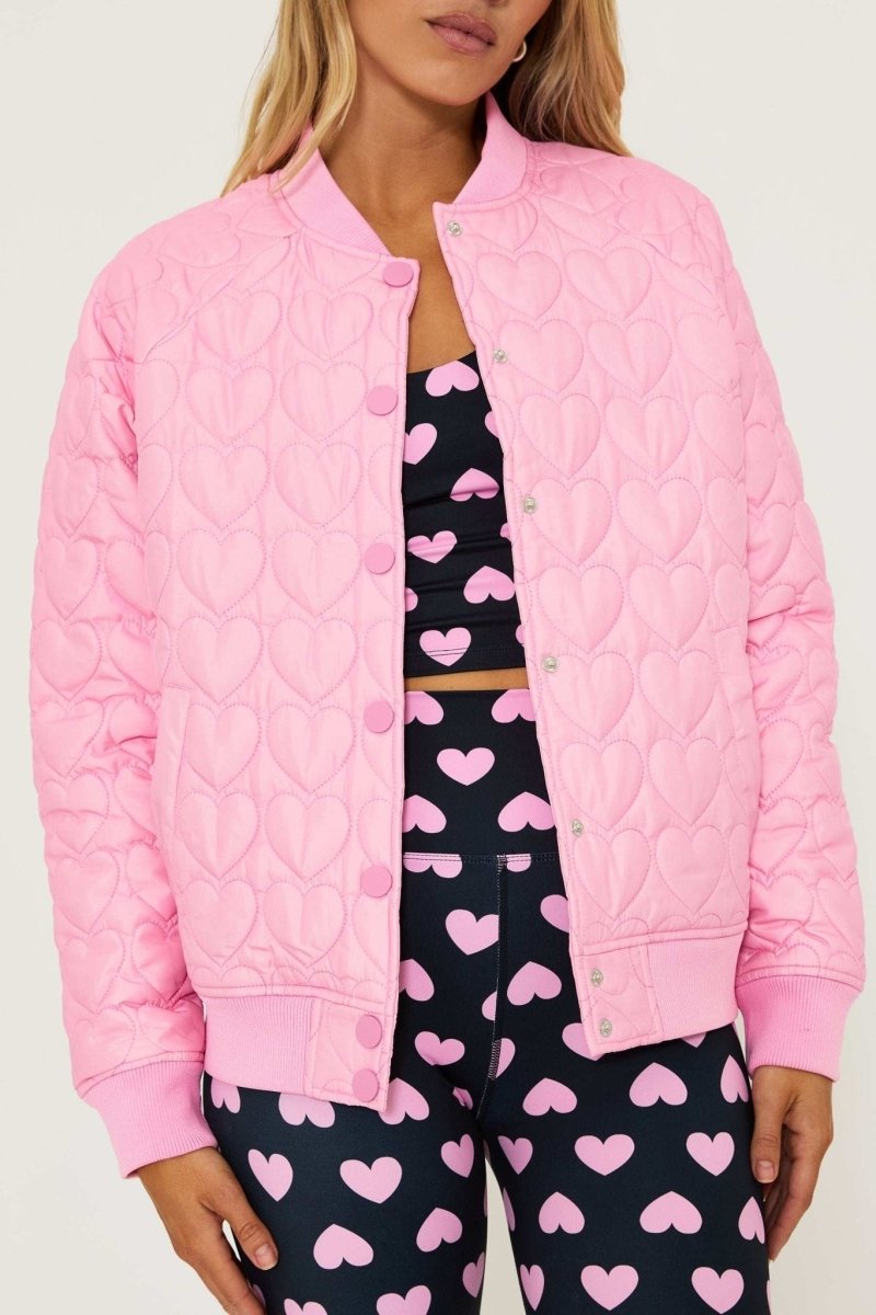 Shop Beach Riot Beach Riot Flight Jacket Prism Pink Heart Jacket for women – premium loungewear and festival fashion at Spoiled Brat