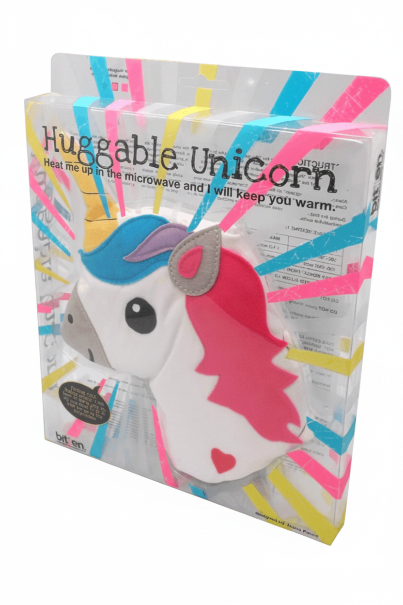 Huggable Unicorn product packaging with colorful design on a white background