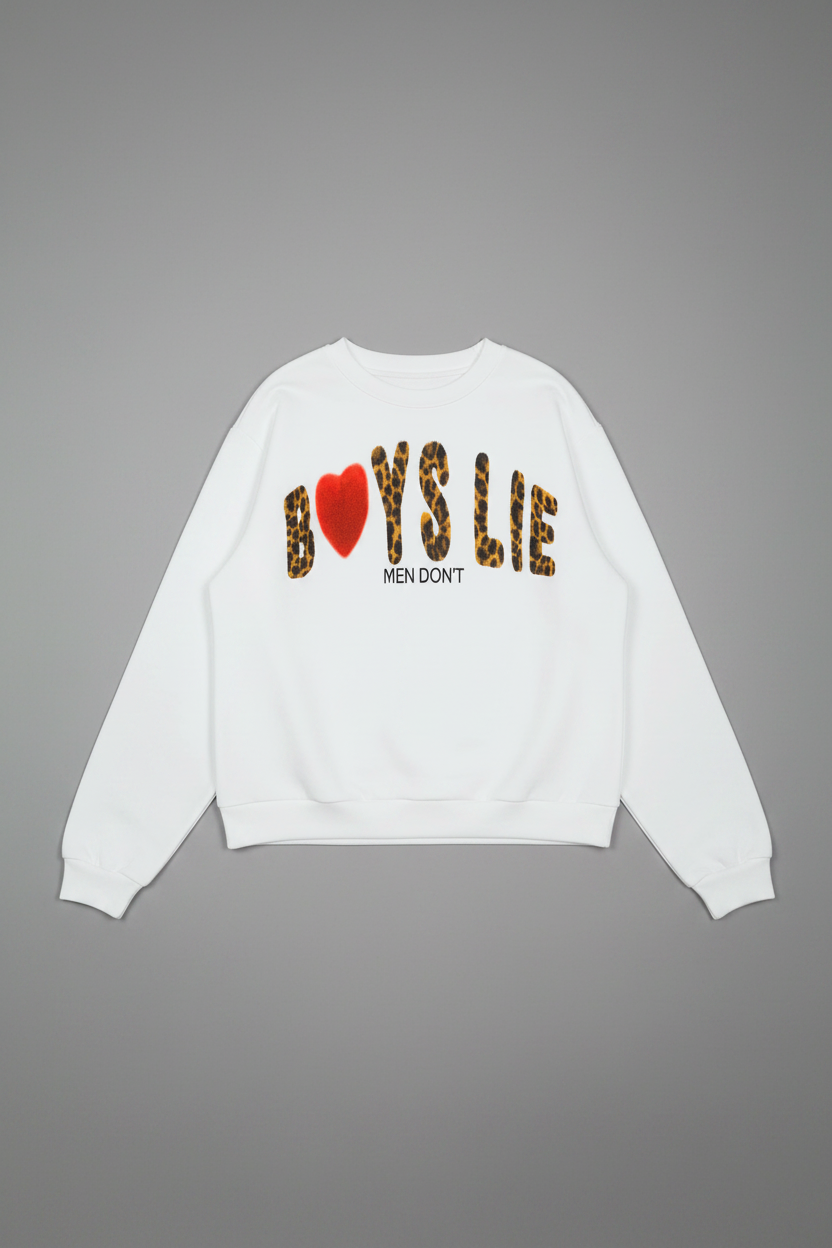 White BOYS LIE sweatshirt with colorful text on a gray background