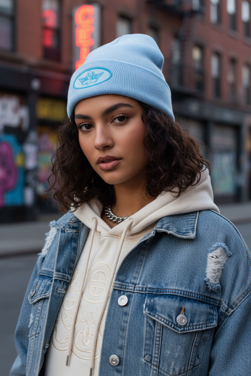 Woman wearing a light blue beanie with a logo, denim jacket, and white hoodie in an urban setting.