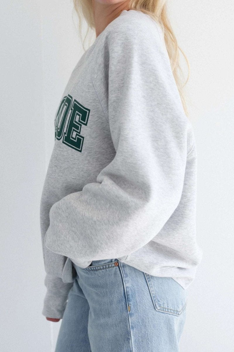 Shop Brunette The Label Brunette The Label "Blonde" Varsity Grey Not Your Boyfriend's Crew Sweater as seen on Catherine Tyldesley Sweater for women – premium loungewear and festival fashion at Spoiled Brat
